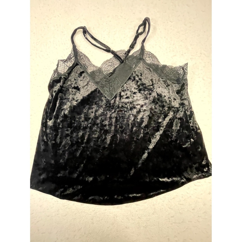 By Together Crushed‎ Velvet Camisole Top Womens Black Lace Trim Spaghetti Strap